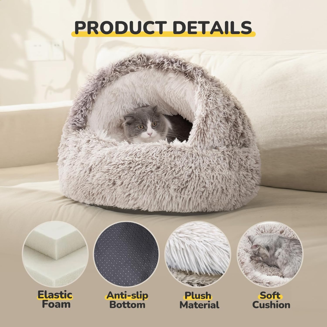 Calming Hooded Cat Bed With Self-Warming Plush Cave For Anxiety Relief And Orthopedic Comfort