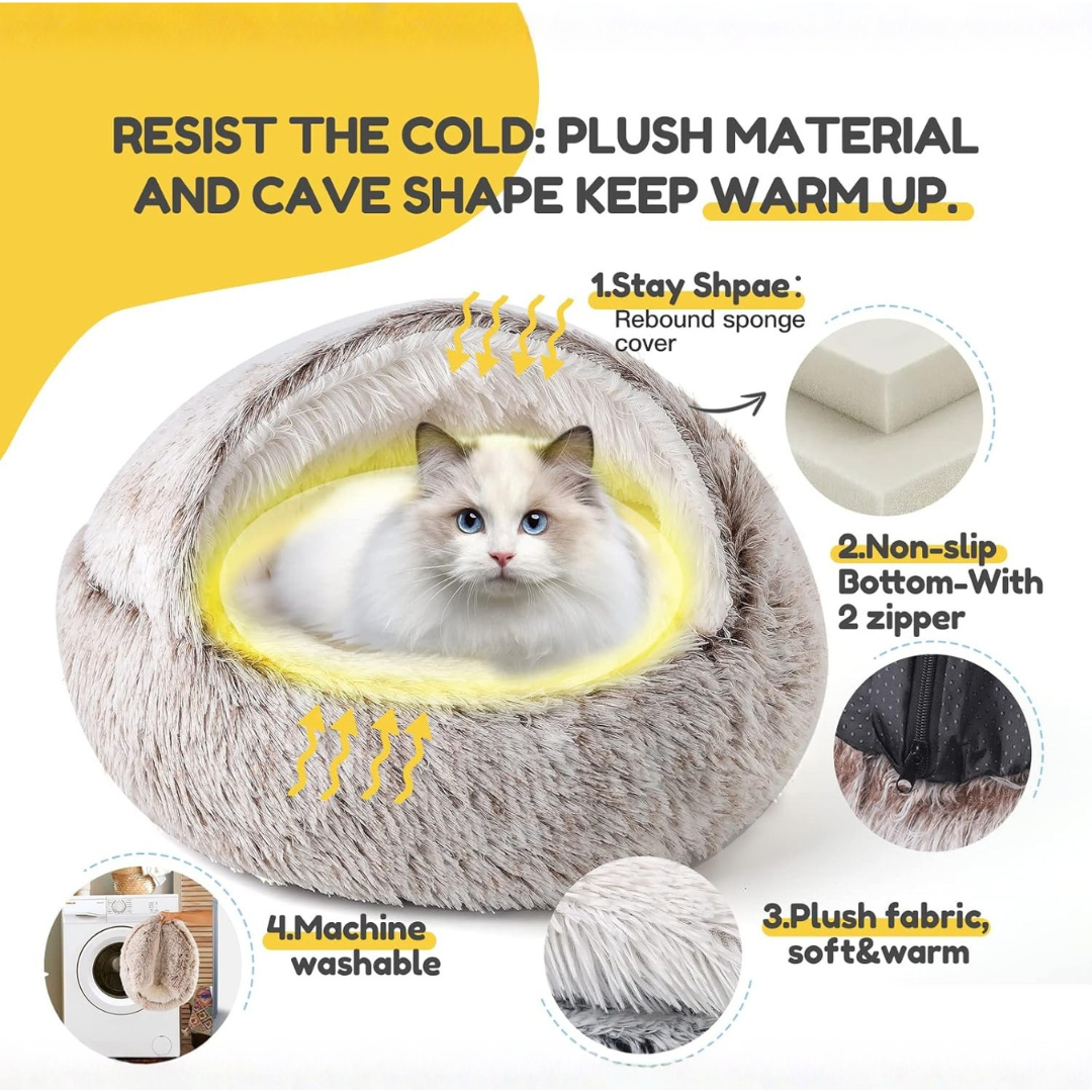 Calming Hooded Cat Bed With Self-Warming Plush Cave For Anxiety Relief And Orthopedic Comfort