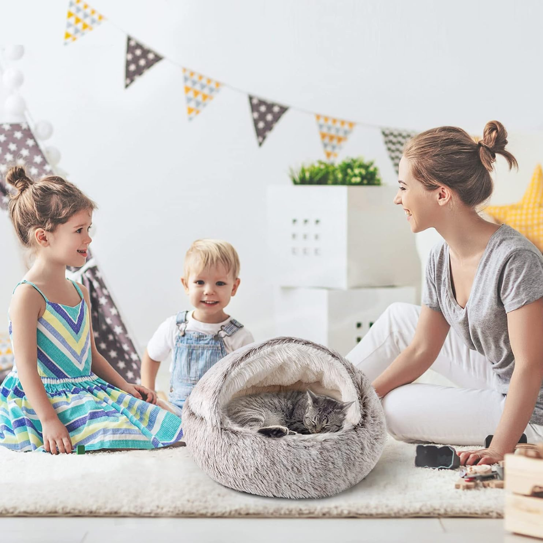 Calming Hooded Cat Bed With Self-Warming Plush Cave For Anxiety Relief And Orthopedic Comfort