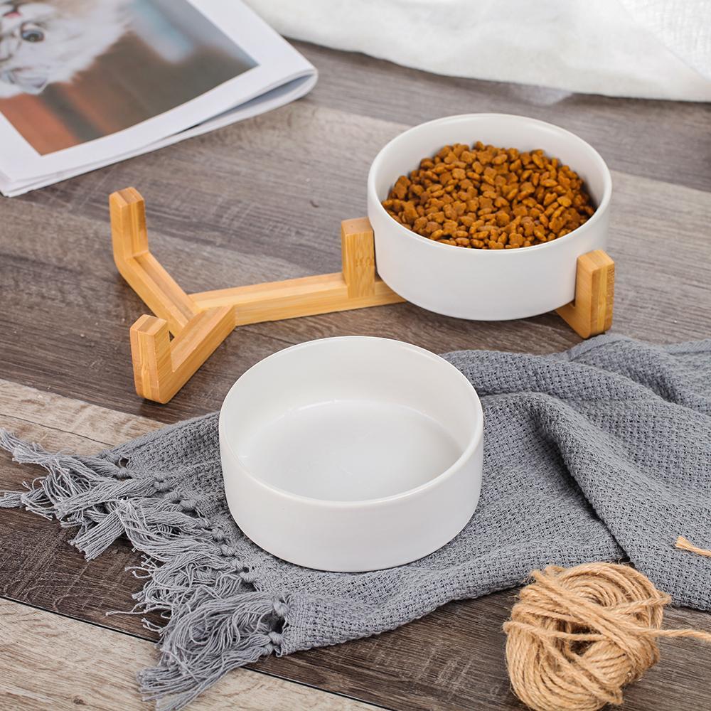 Ceramic Pet Feeding Bowls With Detachable Bamboo Base, Shatter-Resistant & Bpa-Free