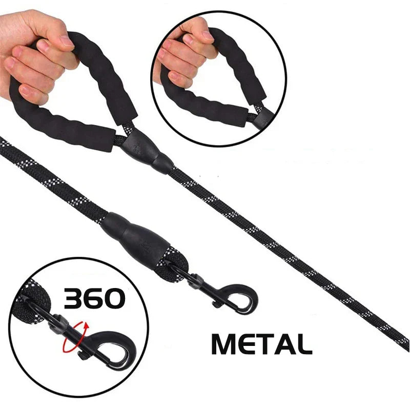 Heavy Duty Dog Lead With Padded Handle, Reflective Climbing-Grade Rope & Swivel Clasp