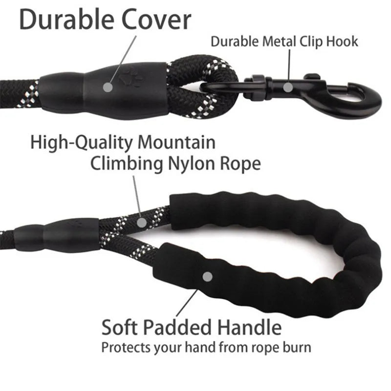 Heavy Duty Dog Lead With Padded Handle, Reflective Climbing-Grade Rope & Swivel Clasp