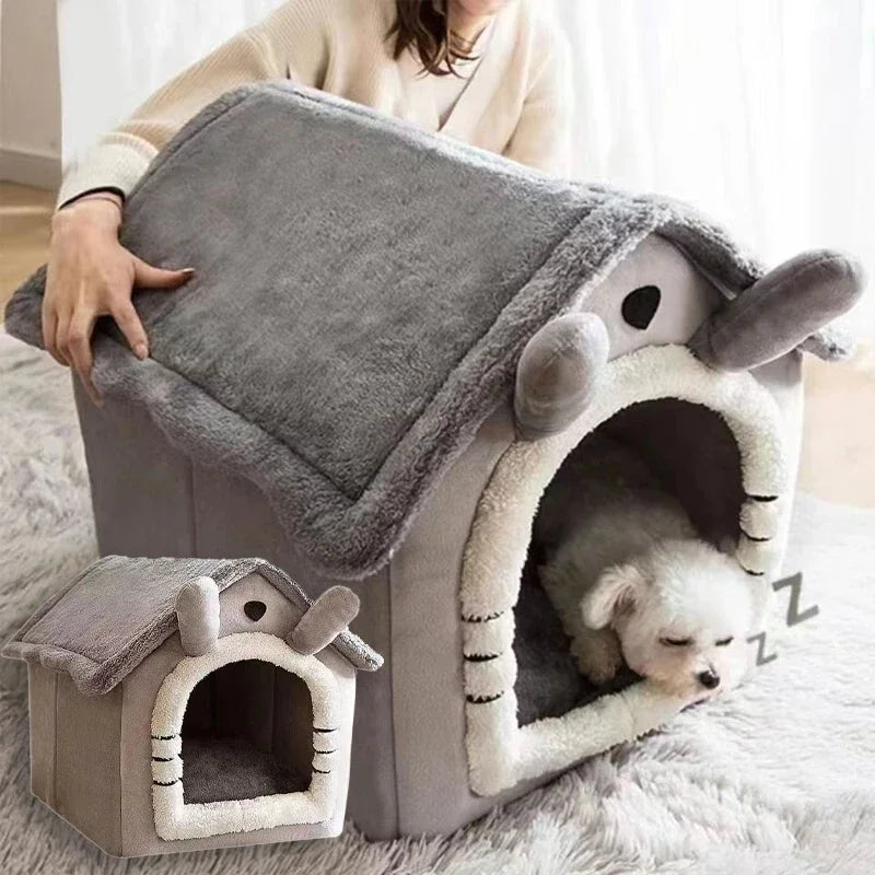 Cozy Foldable Indoor Dog House With Warm Arctic Velvet And Anxiety Relief