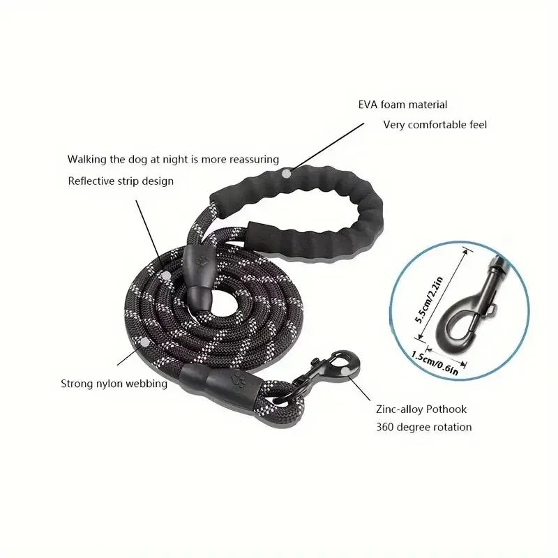 Heavy Duty Dog Lead With Padded Handle, Reflective Climbing-Grade Rope & Swivel Clasp