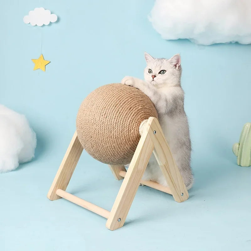 Wooden Sisal Cat Scratching Ball With Spinning Interactive Design For Furniture Protection
