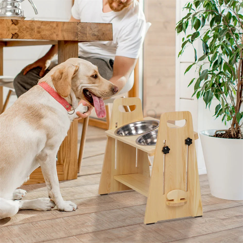 Adjustable Orthopedic Raised Feeder With Pine Wood Tilt StAnd For Pet Neck Support and Improved Digestion