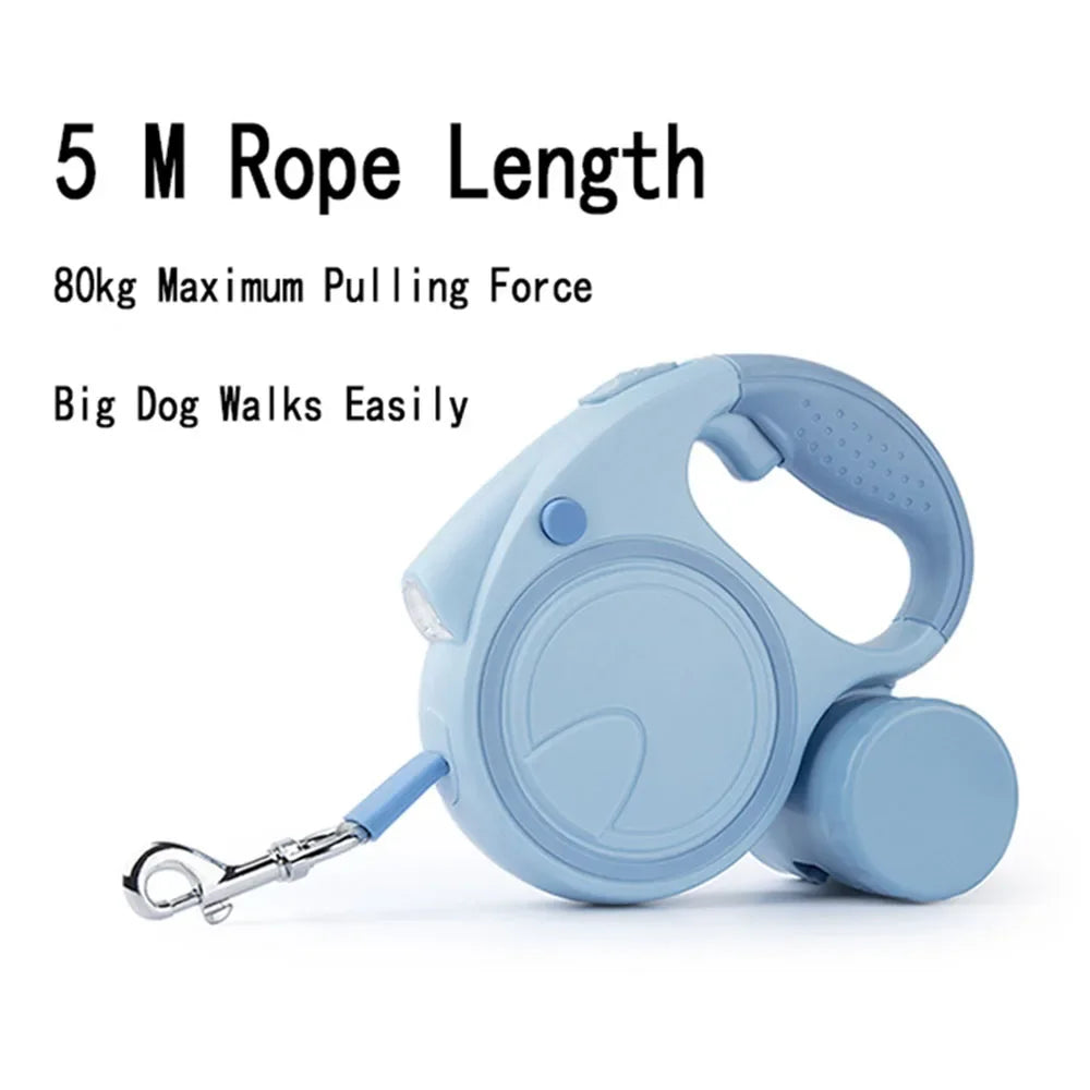 Retractable Led Dog Leash With Built-In Flashlight And Waste Bag Dispenser For Night Safety