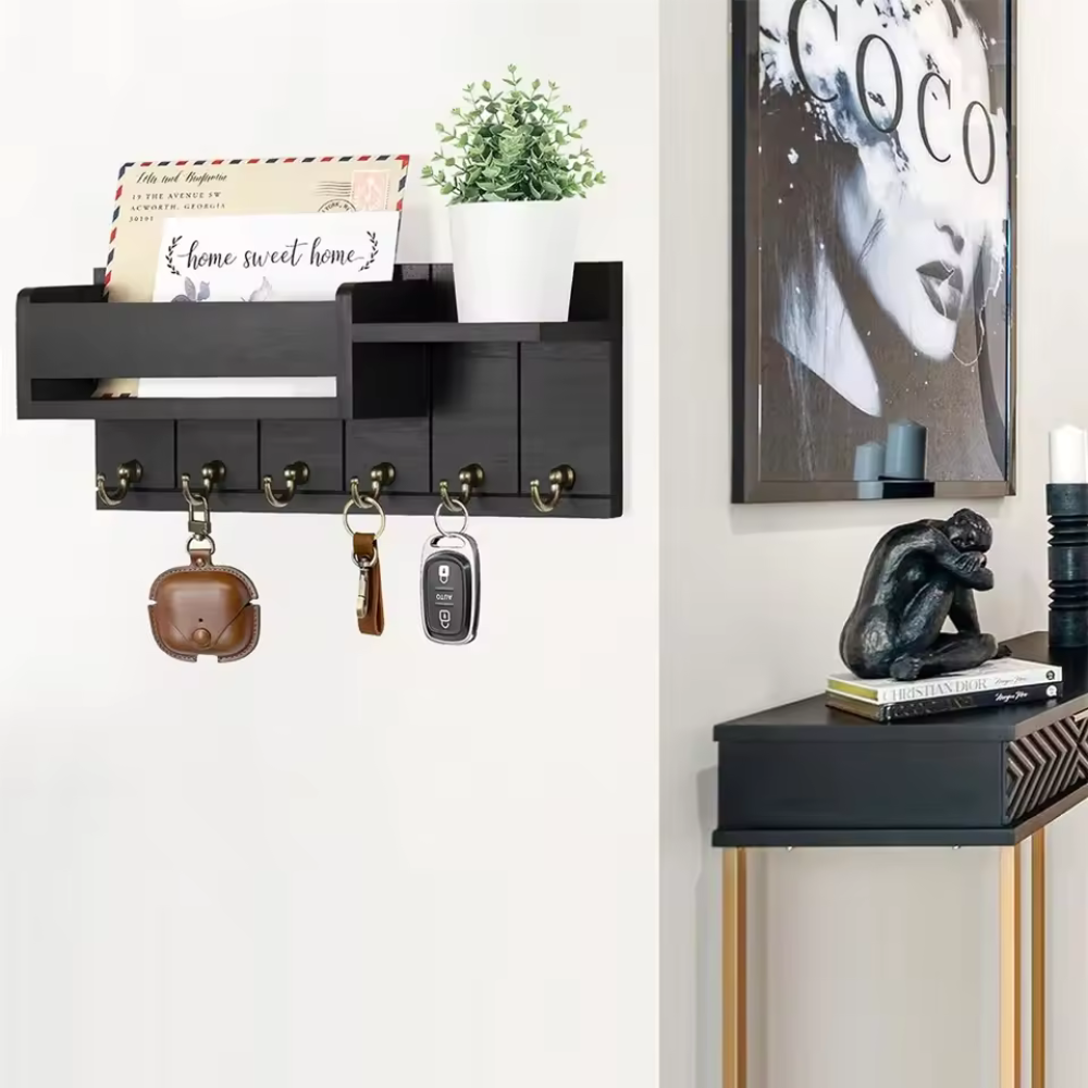 WoodCraft | Stylish Solid Wood Wall Organizer with Hooks and Shelves