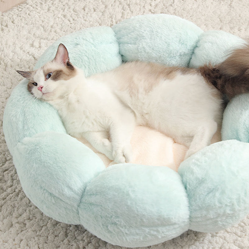 Deep Sleep Flower Shape Cat Bed With Soft Rabbit Fleece And Non-Slip Base