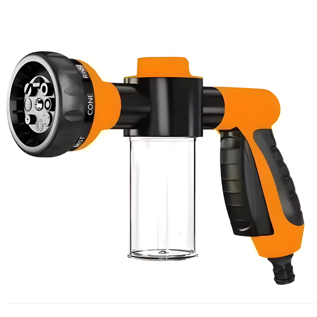 High-Pressure 8-Pattern Foam Sprayer With Built-In Soap Reservoir For Car Wash, Pet Shower, And Garden Hose