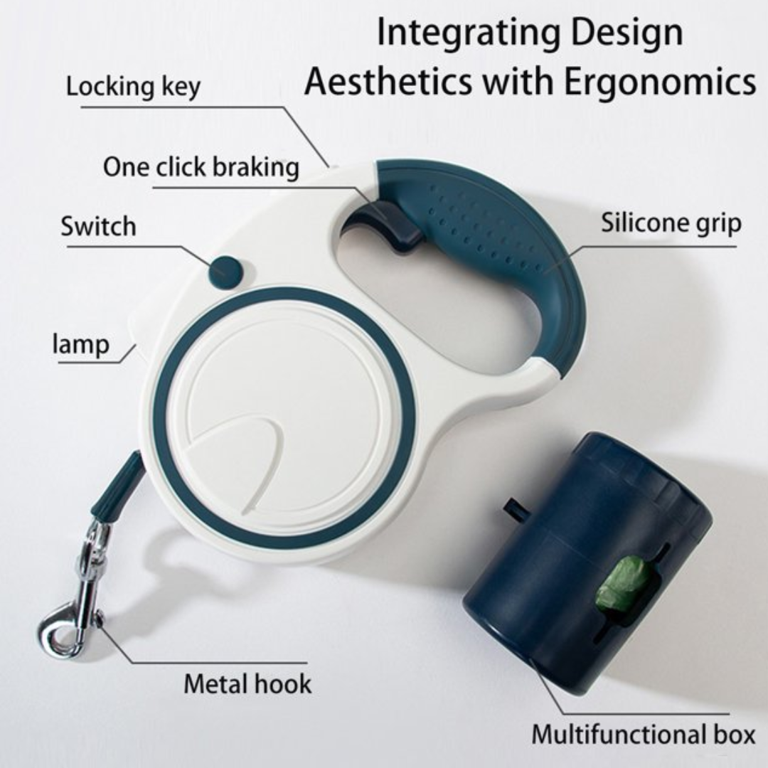 Retractable Led Dog Leash With Built-In Flashlight And Waste Bag Dispenser For Night Safety