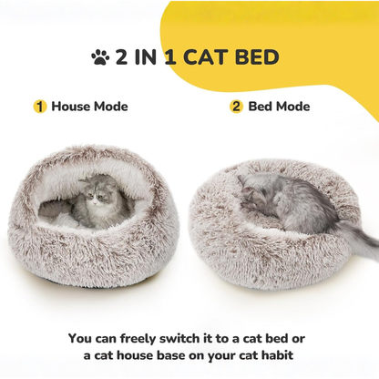 Calming Hooded Cat Bed With Self-Warming Plush Cave For Anxiety Relief And Orthopedic Comfort
