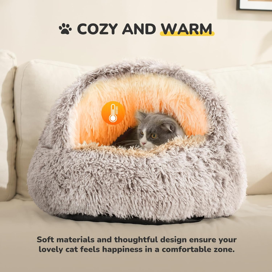 Calming Hooded Cat Bed With Self-Warming Plush Cave For Anxiety Relief And Orthopedic Comfort