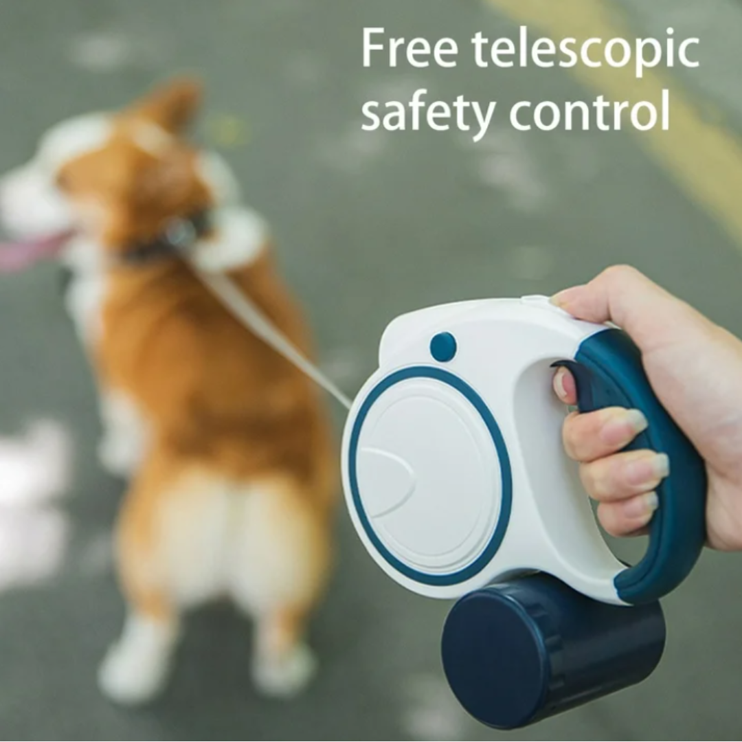 Retractable Led Dog Leash With Built-In Flashlight And Waste Bag Dispenser For Night Safety