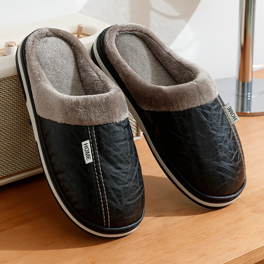 CozyNest | Warm Waterproof PU Leather Men's Slippers for Winter