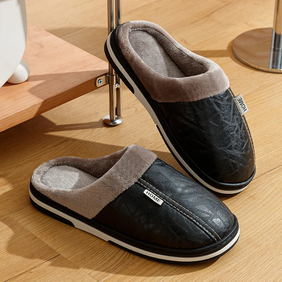 CozyNest | Warm Waterproof PU Leather Men's Slippers for Winter