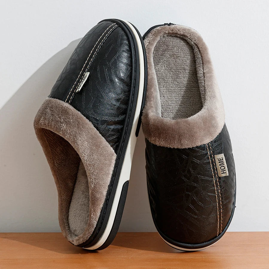 CozyNest | Warm Waterproof PU Leather Men's Slippers for Winter