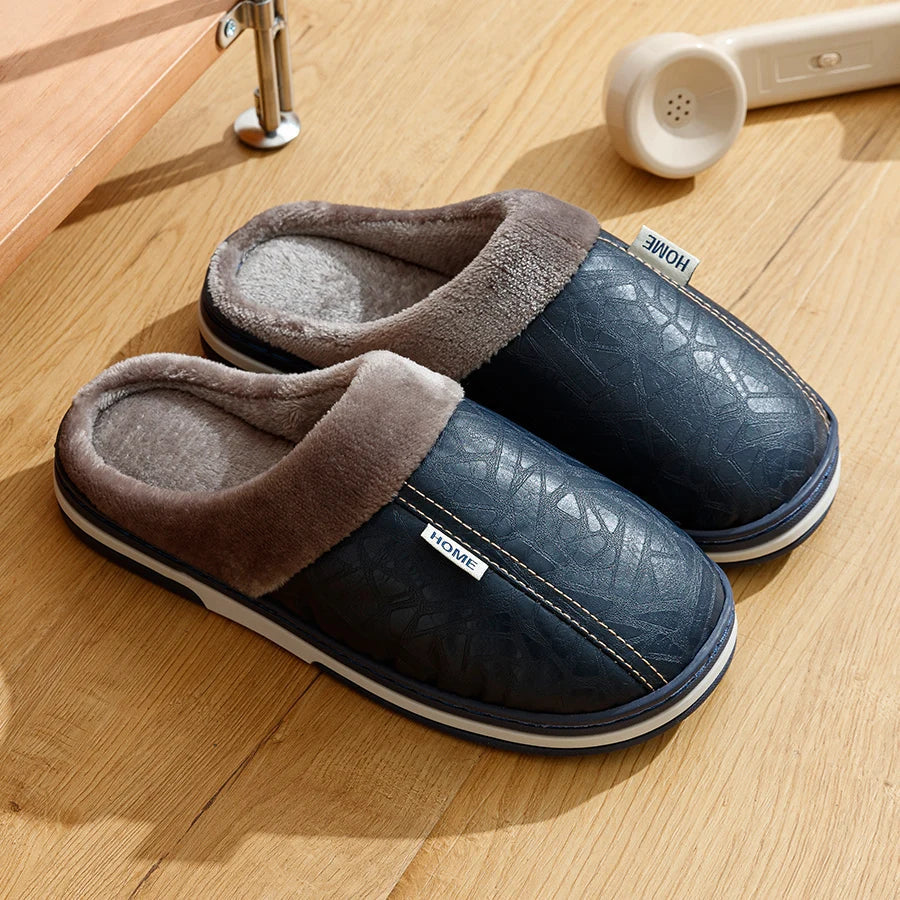 CozyNest | Warm Waterproof PU Leather Men's Slippers for Winter