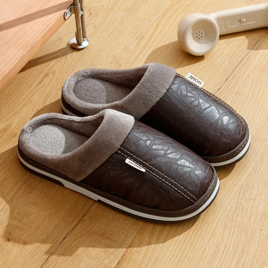 CozyNest | Warm Waterproof PU Leather Men's Slippers for Winter