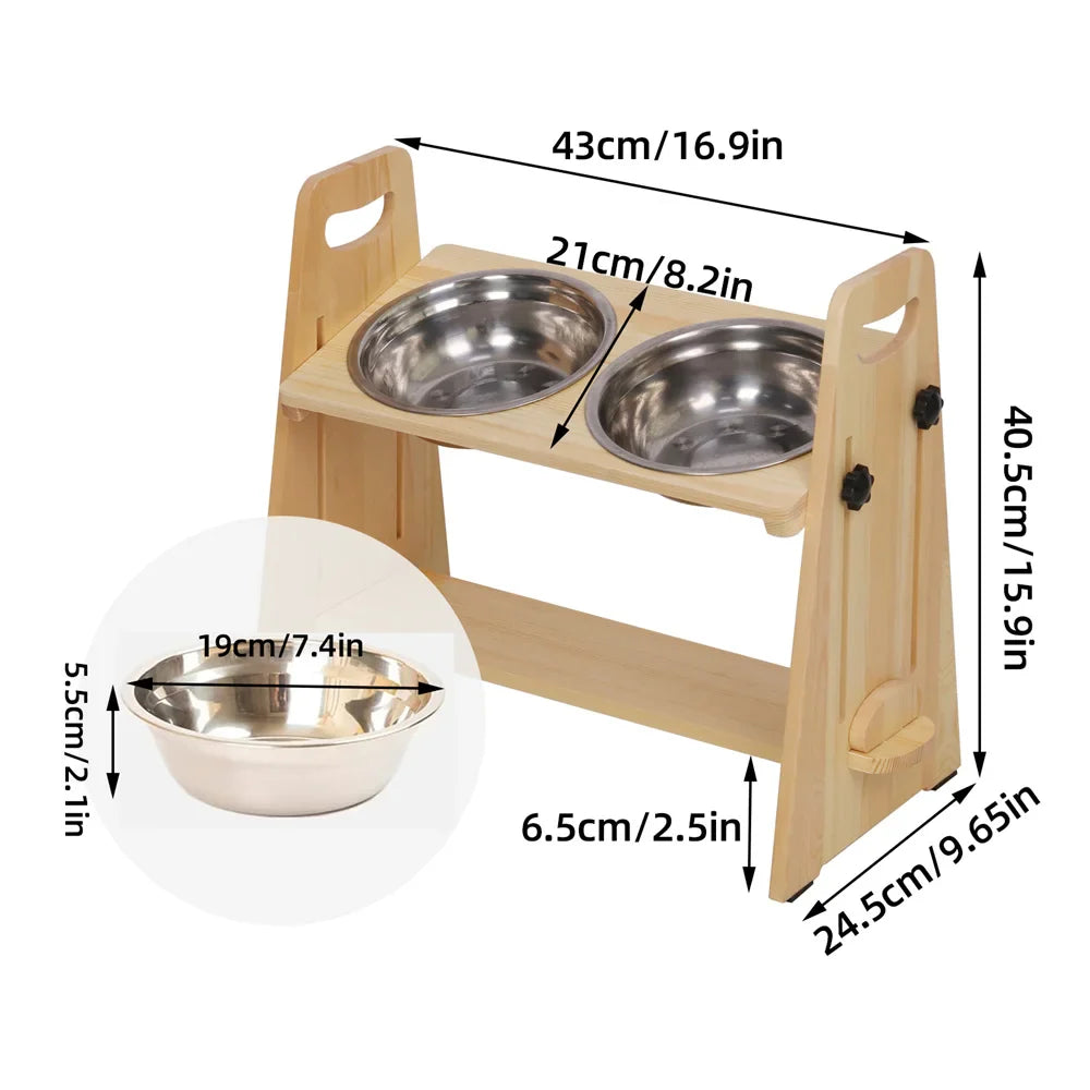 Adjustable Orthopedic Raised Feeder With Pine Wood Tilt StAnd For Pet Neck Support and Improved Digestion