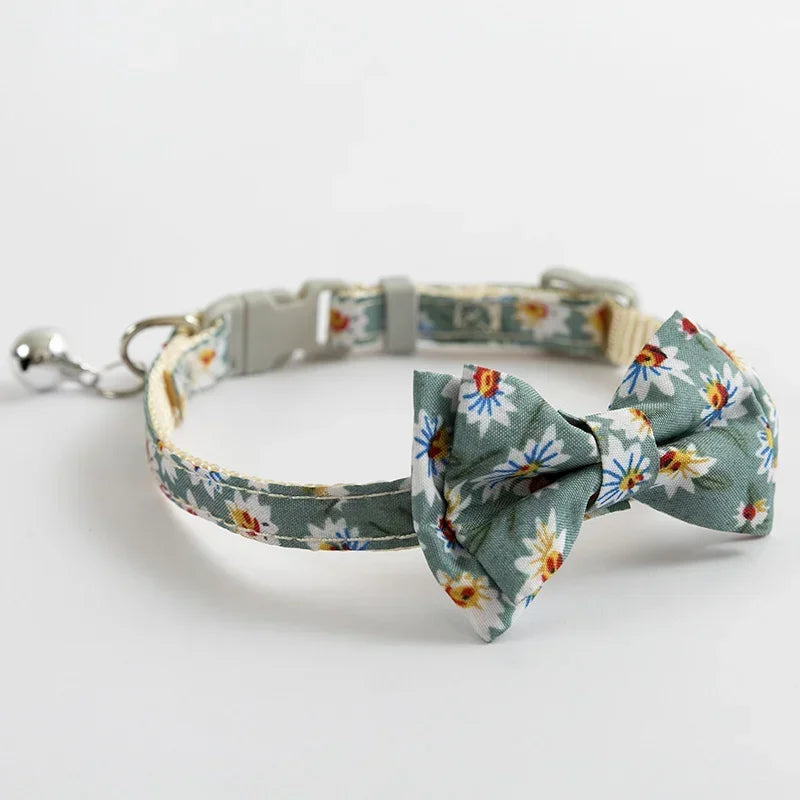 Daisy Floral Breakaway Cat Collar With Soft Cotton Bowknot And Removable Bell