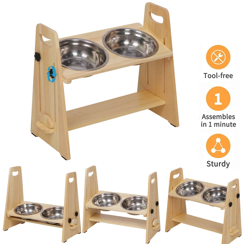 Adjustable Orthopedic Raised Feeder With Pine Wood Tilt StAnd For Pet Neck Support and Improved Digestion