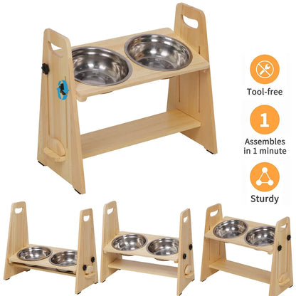 Adjustable Orthopedic Raised Feeder With Pine Wood Tilt StAnd For Pet Neck Support and Improved Digestion