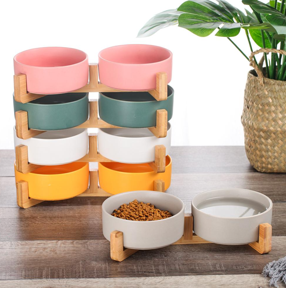 Ceramic Pet Feeding Bowls With Detachable Bamboo Base, Shatter-Resistant & Bpa-Free