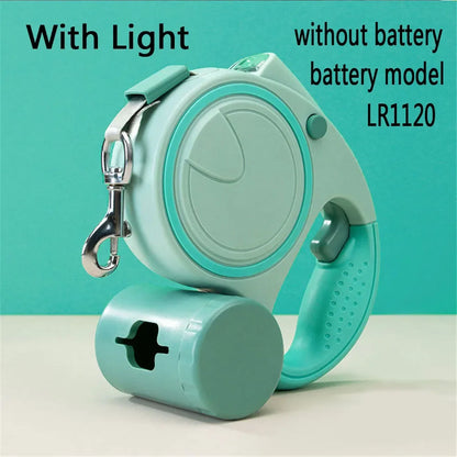 Retractable Led Dog Leash With Built-In Flashlight And Waste Bag Dispenser For Night Safety
