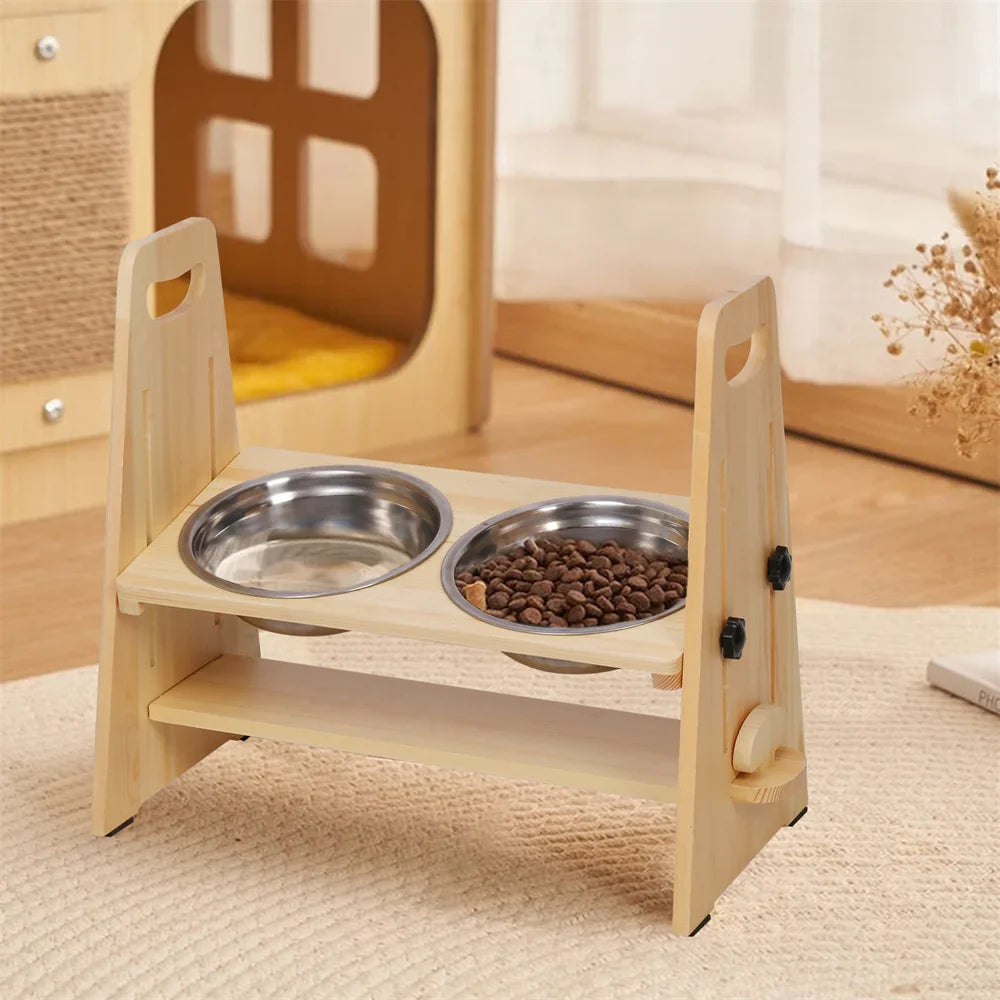 Adjustable Orthopedic Raised Feeder With Pine Wood Tilt StAnd For Pet Neck Support and Improved Digestion