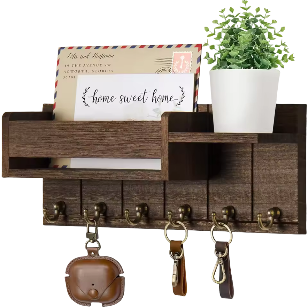 WoodCraft | Stylish Solid Wood Wall Organizer with Hooks and Shelves