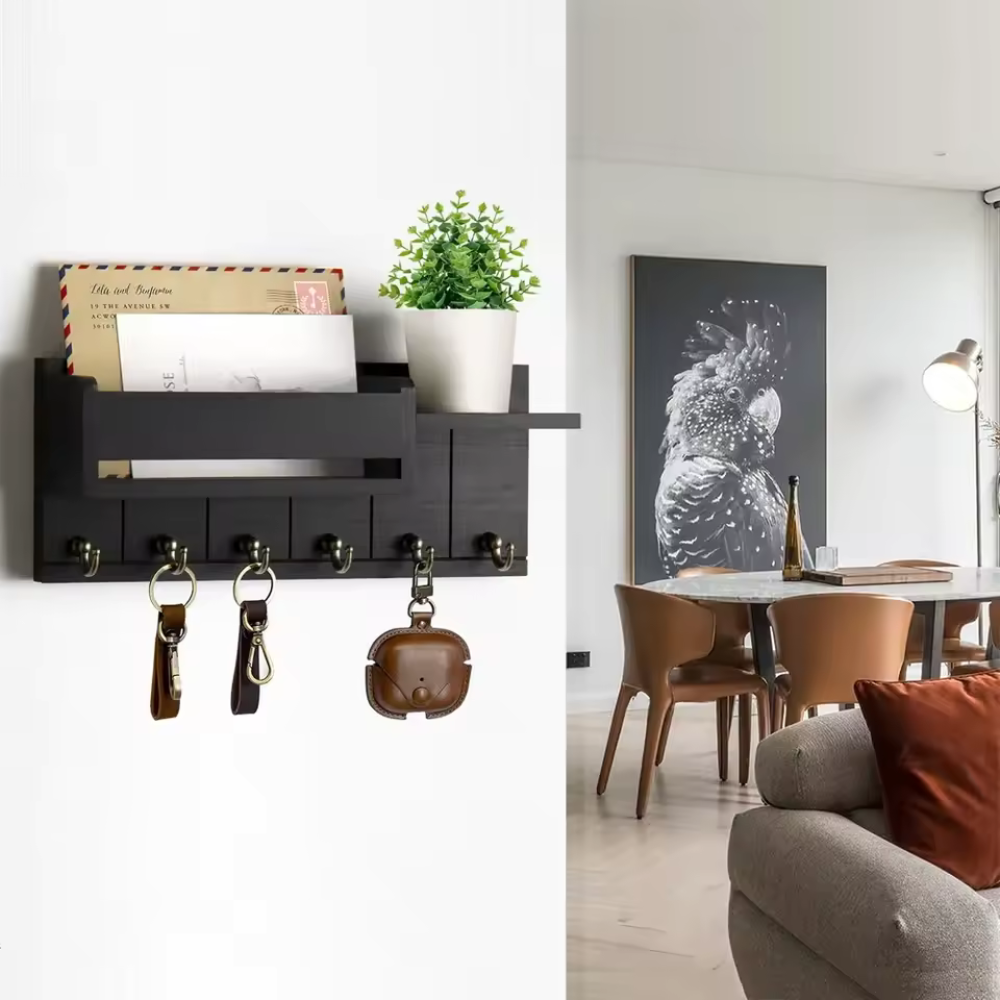 WoodCraft | Stylish Solid Wood Wall Organizer with Hooks and Shelves