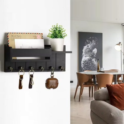 WoodCraft | Stylish Solid Wood Wall Organizer with Hooks and Shelves