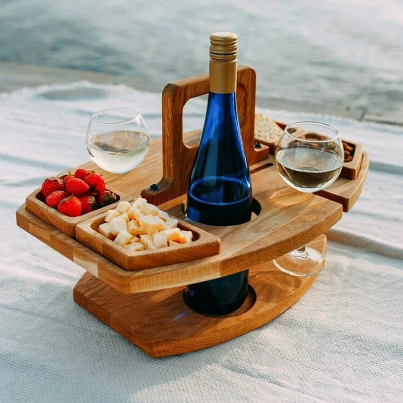 WoodNest | Stylish Portable Wood Picnic Table with Wine & Snack Holders