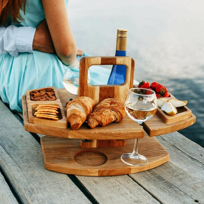 WoodNest | Stylish Portable Wood Picnic Table with Wine & Snack Holders