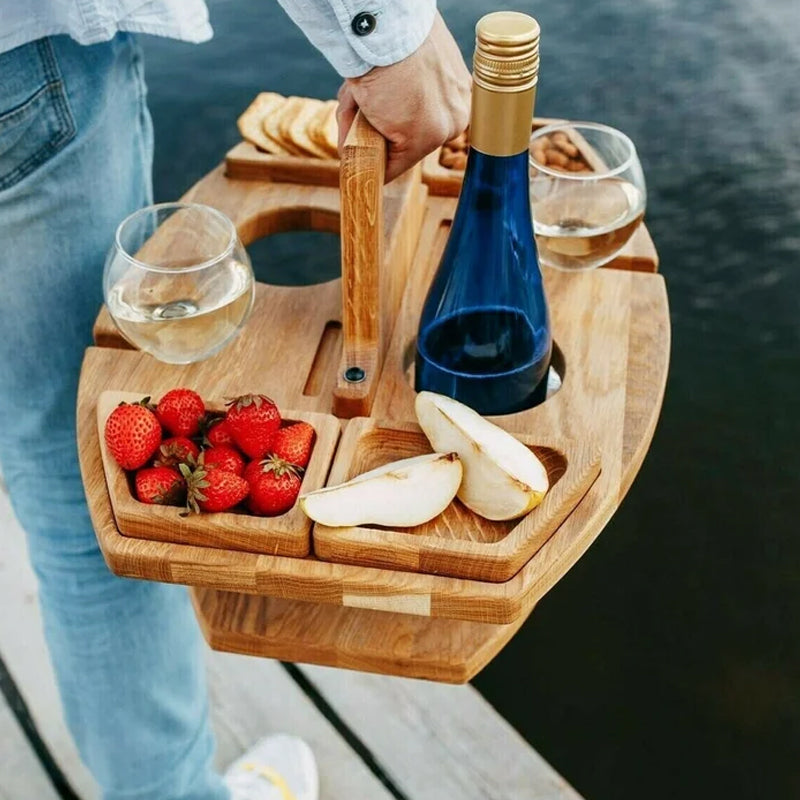 WoodNest | Stylish Portable Wood Picnic Table with Wine & Snack Holders
