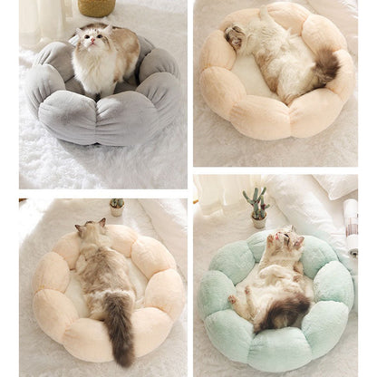Deep Sleep Flower Shape Cat Bed With Soft Rabbit Fleece And Non-Slip Base