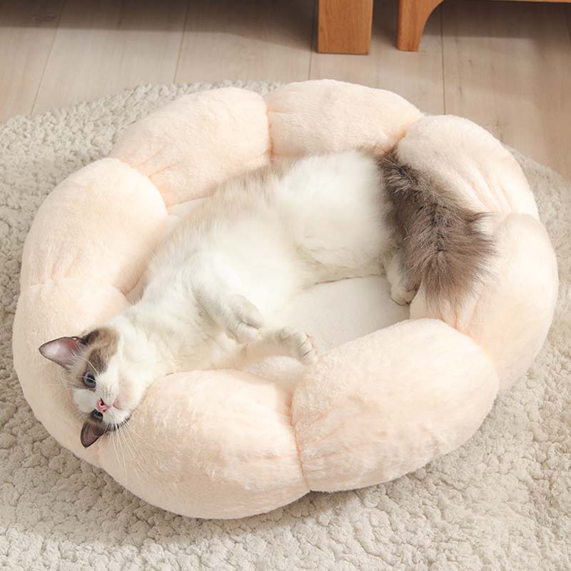 Deep Sleep Flower Shape Cat Bed With Soft Rabbit Fleece And Non-Slip Base