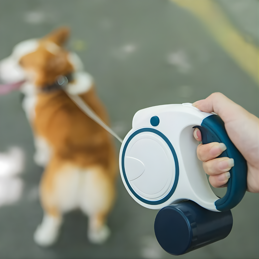 Retractable Led Dog Leash With Built-In Flashlight And Waste Bag Dispenser For Night Safety